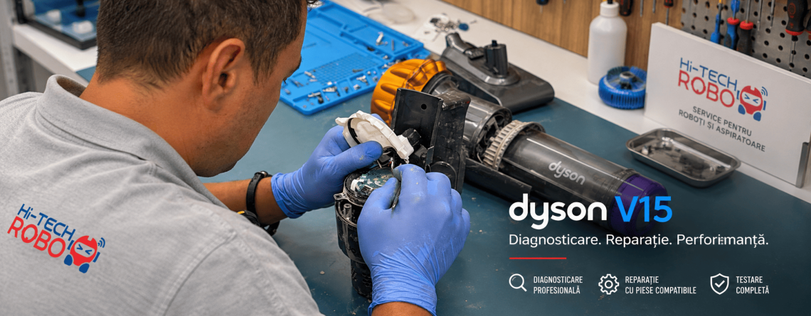 Imagine reprezentativă pentru diagnosticarea unui aspirator vertical Dyson V15 în service. Aspiratorul este verificat la nivelul componentelor interne și al plăcii de bază, în contextul unei probleme în care pornește, dar se oprește după câteva secunde de funcționare.